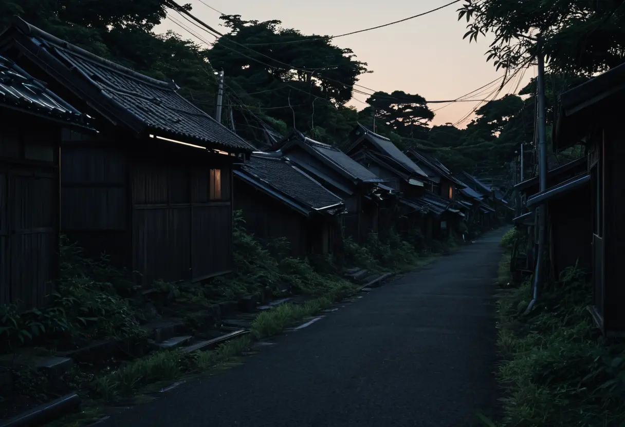 A dark, overgrown village path with a silhouette of a person standing.