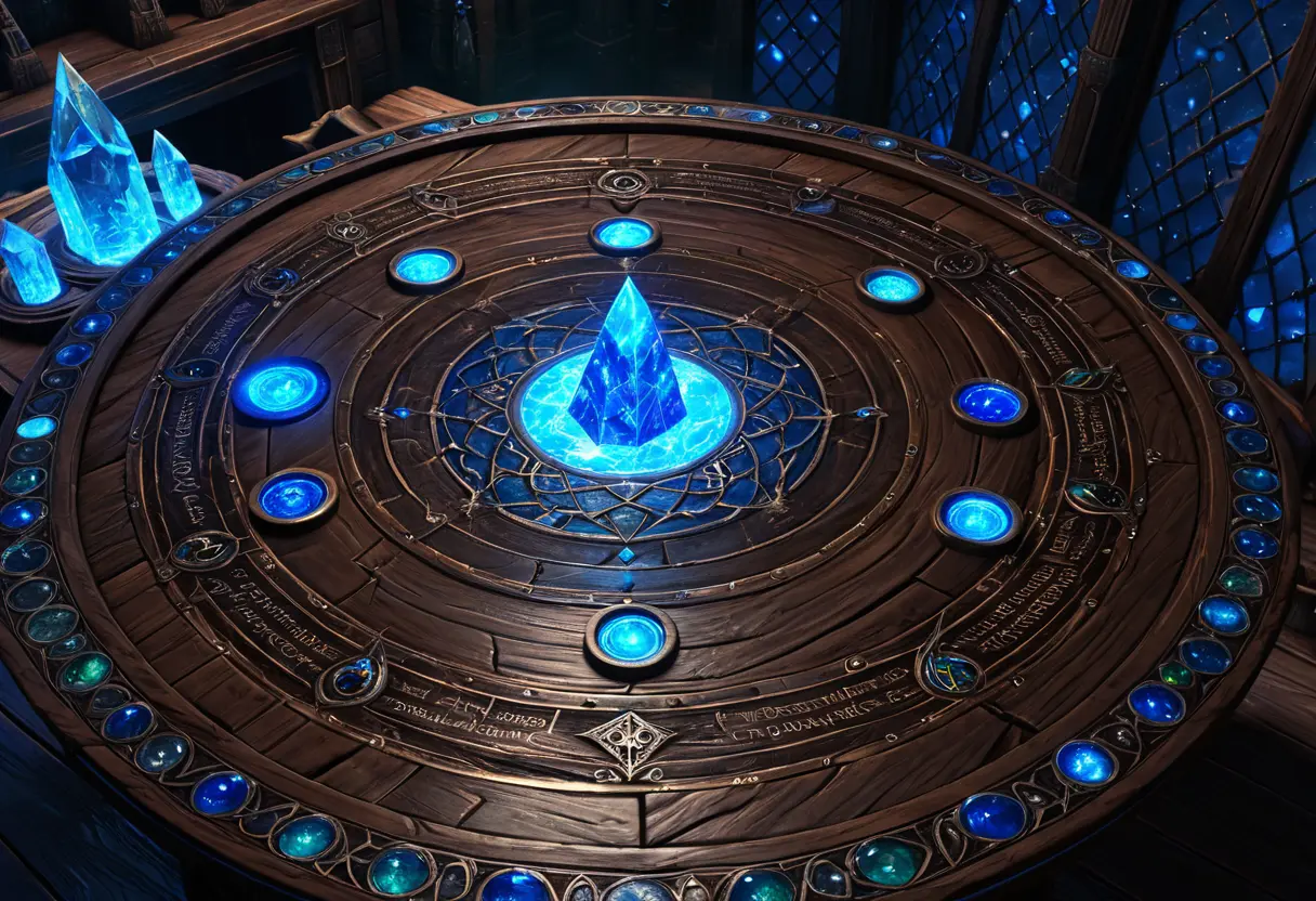 A wizard&rsquo;s desk covered in complex magical diagrams.