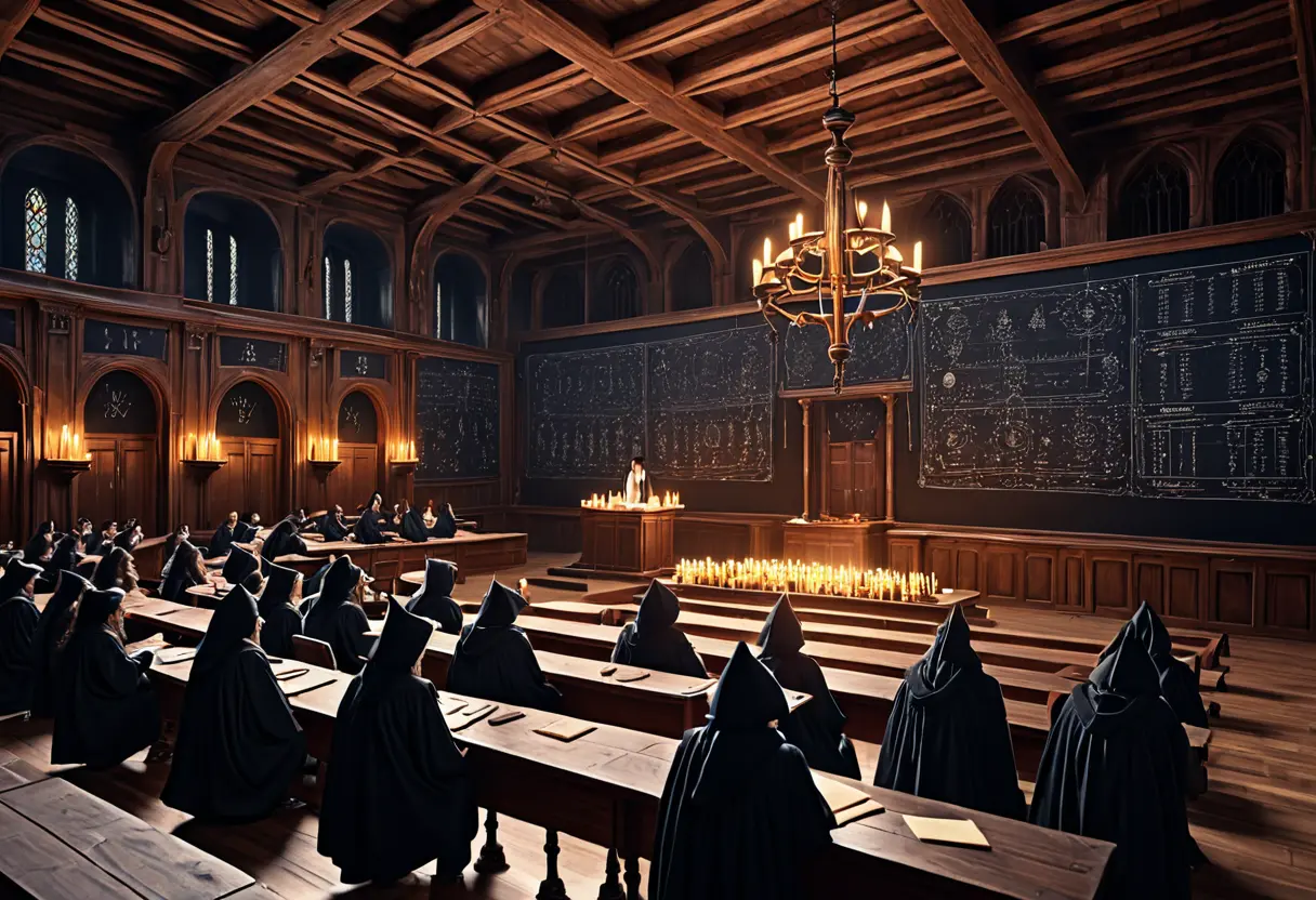 A spectral classroom where floating books are being read by students.