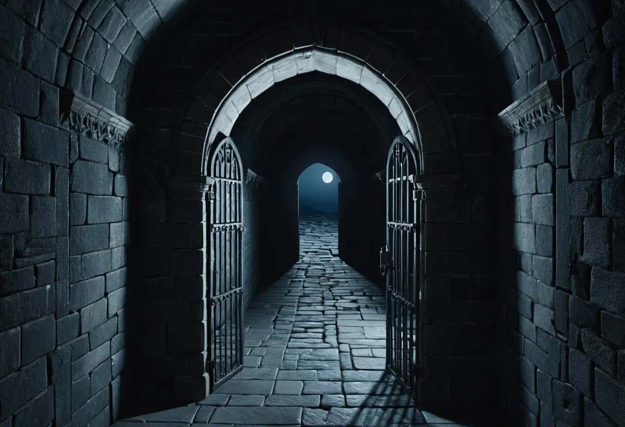 A dark, arched corridor with locked iron doors.