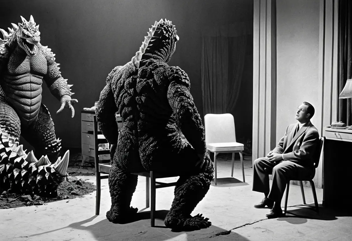A distorted silhouette of the Godzilla suit on set.