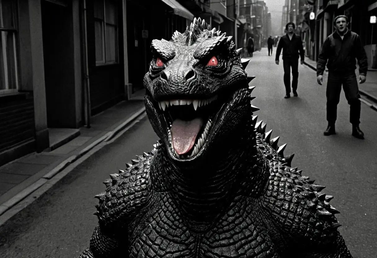 The Godzilla suit roaring in the dark.