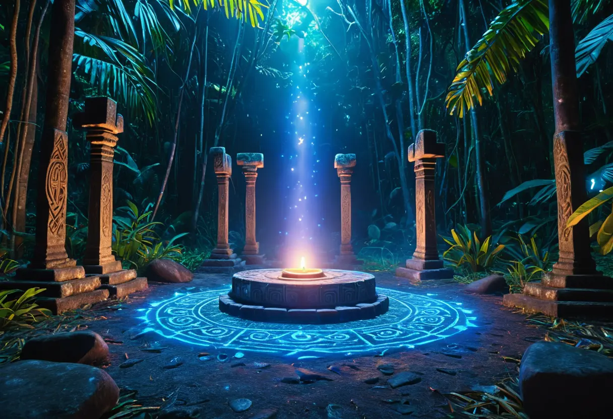 A sacred stone altar in a tropical jungle under the moonlight.