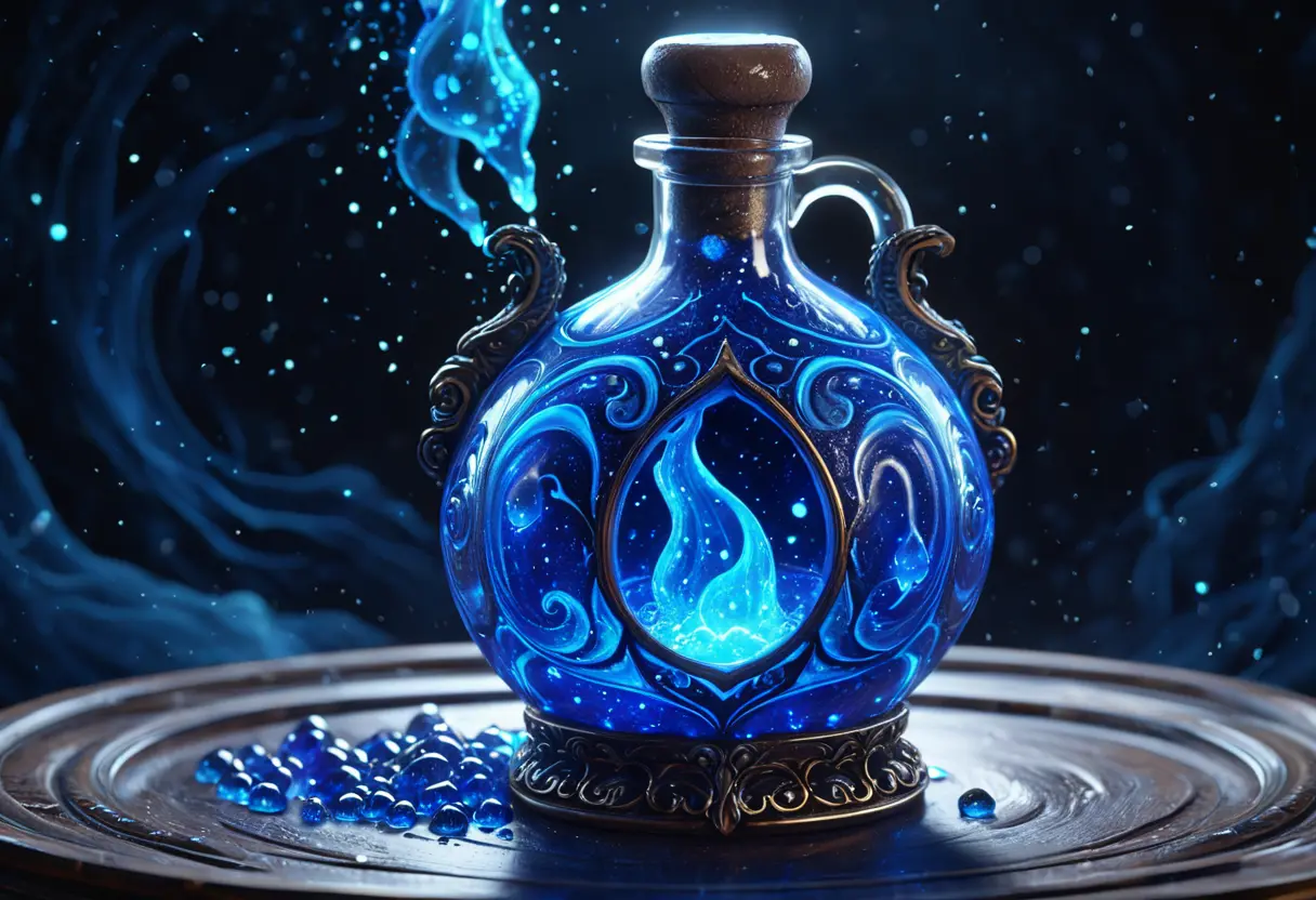 A glass bottle filled with glowing blue liquid.