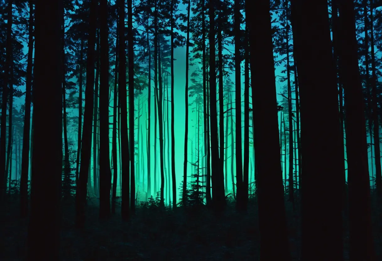 A glitched figure in the dark woods.