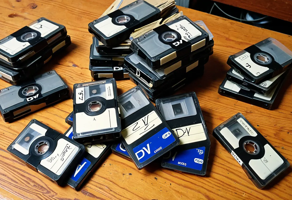 A stack of mini-DV tapes with cryptic labels.