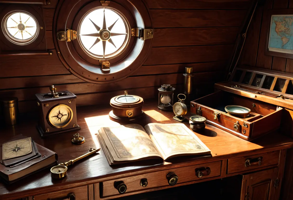 The abandoned captain&rsquo;s quarters with logbook and charts.