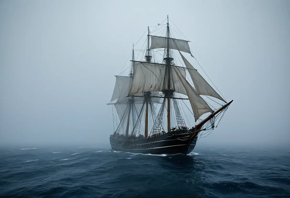 The ghost ship drifting on a calm, misty sea.