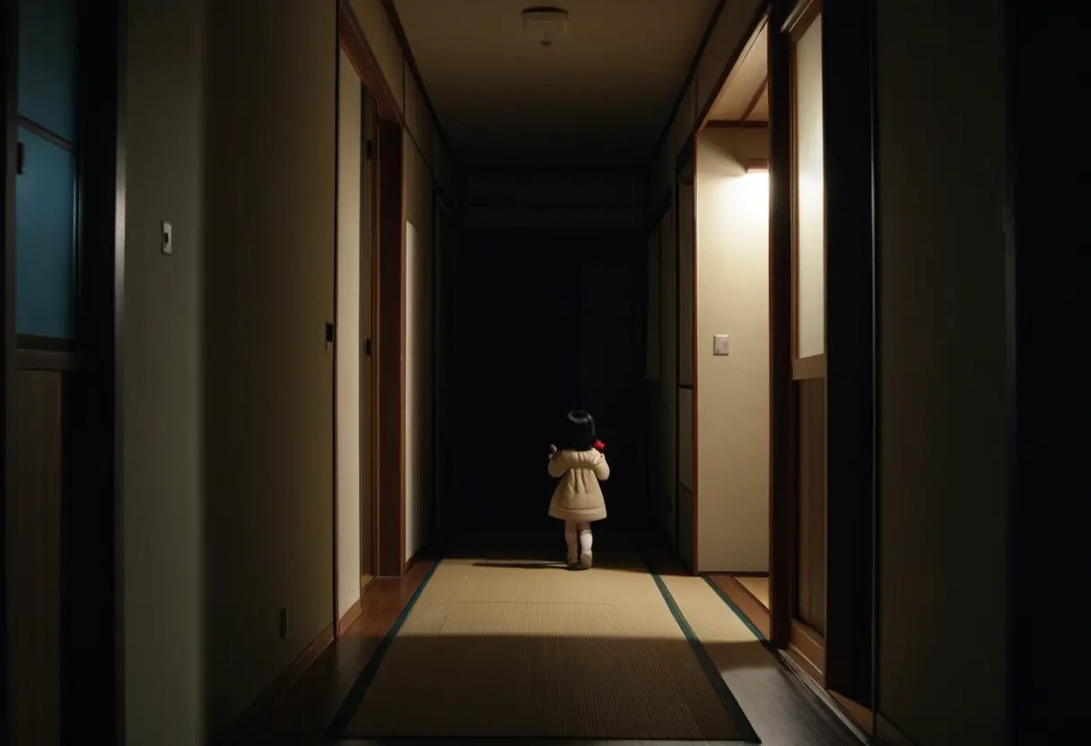 A small shadow of a child holding a doll appearing on a bedroom wall.