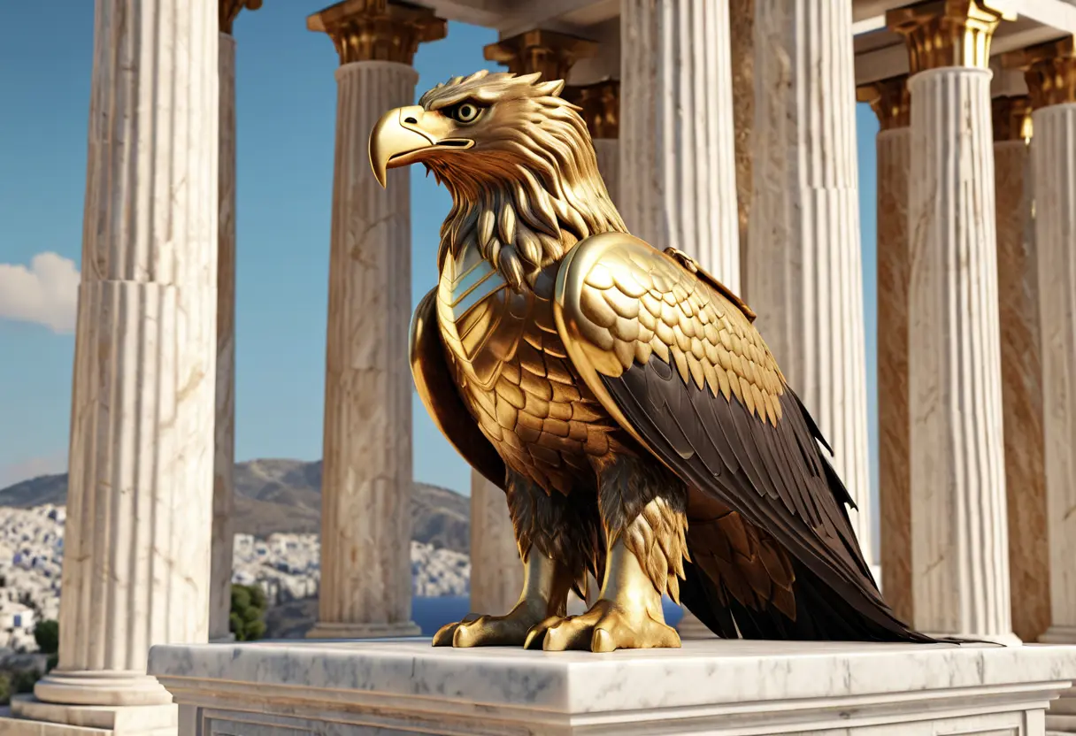 A golden griffin guarding a temple.