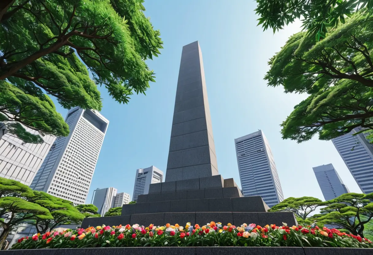 A stone monument between high-rise buildings.