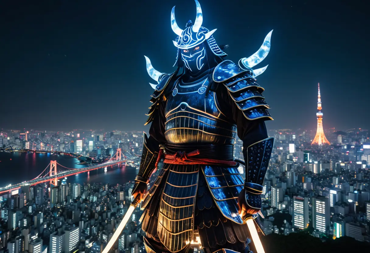 A massive phantom samurai over modern Tokyo.