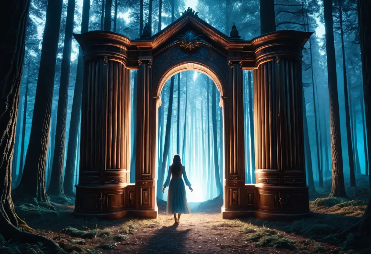 A person stepping through a wardrobe into a magical forest.
