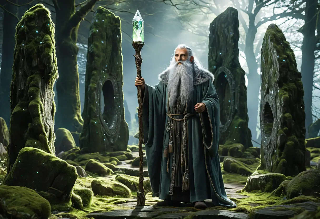 Merlin standing in a druidic stone circle.