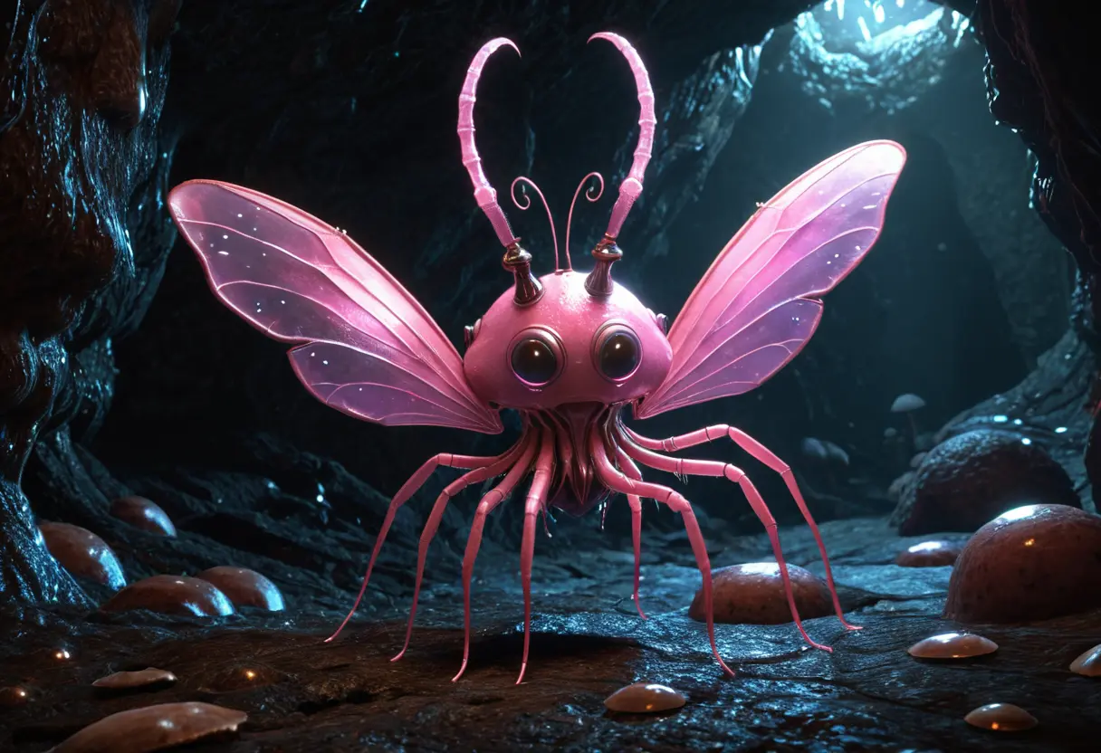 A Mi-Go in a dark cavern holding a metallic cylinder.