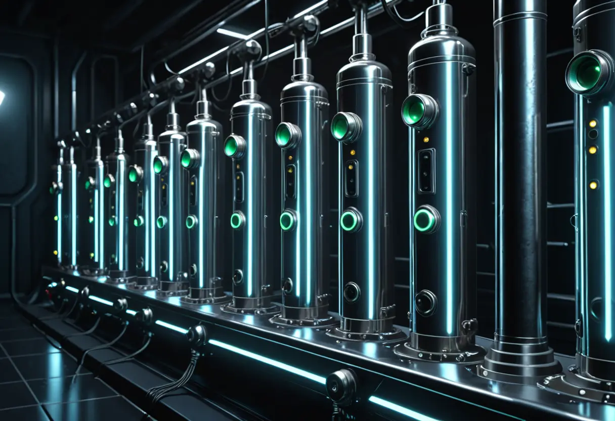 A row of glowing brain-cylinders in a dark laboratory.