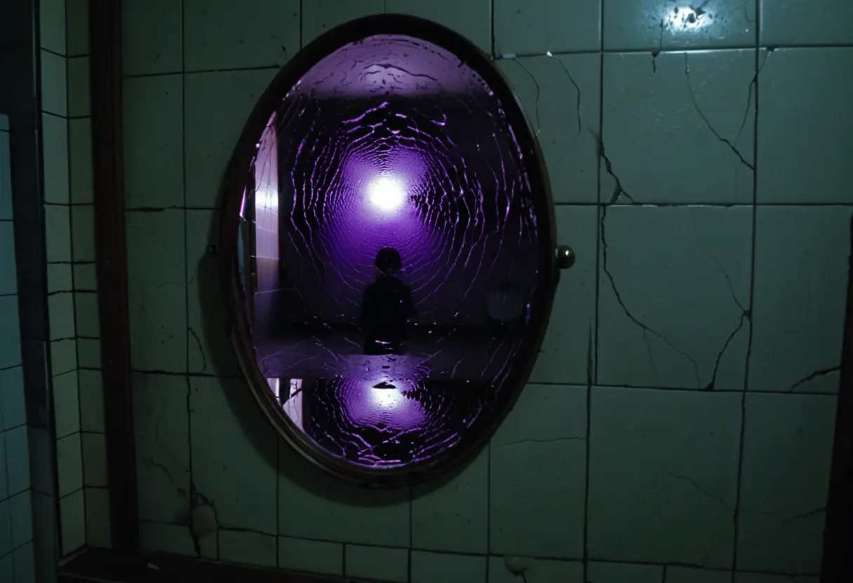 A dark, blurry reflection in a school bathroom mirror.