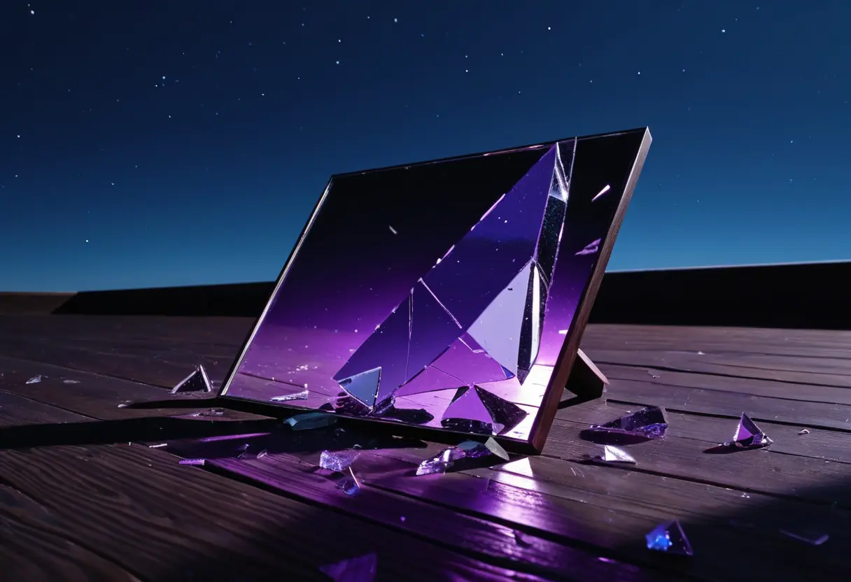 Shards of purple glass on a dark floor.