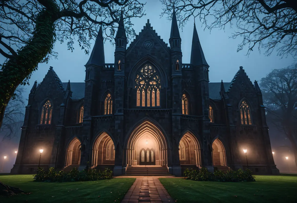 Gothic architecture of Miskatonic University at sunset.