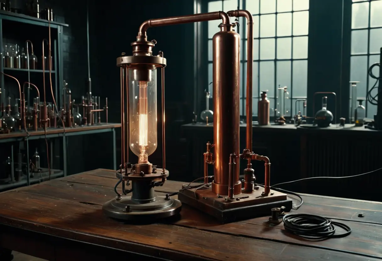 A dusty cylinder on a laboratory table with wires.