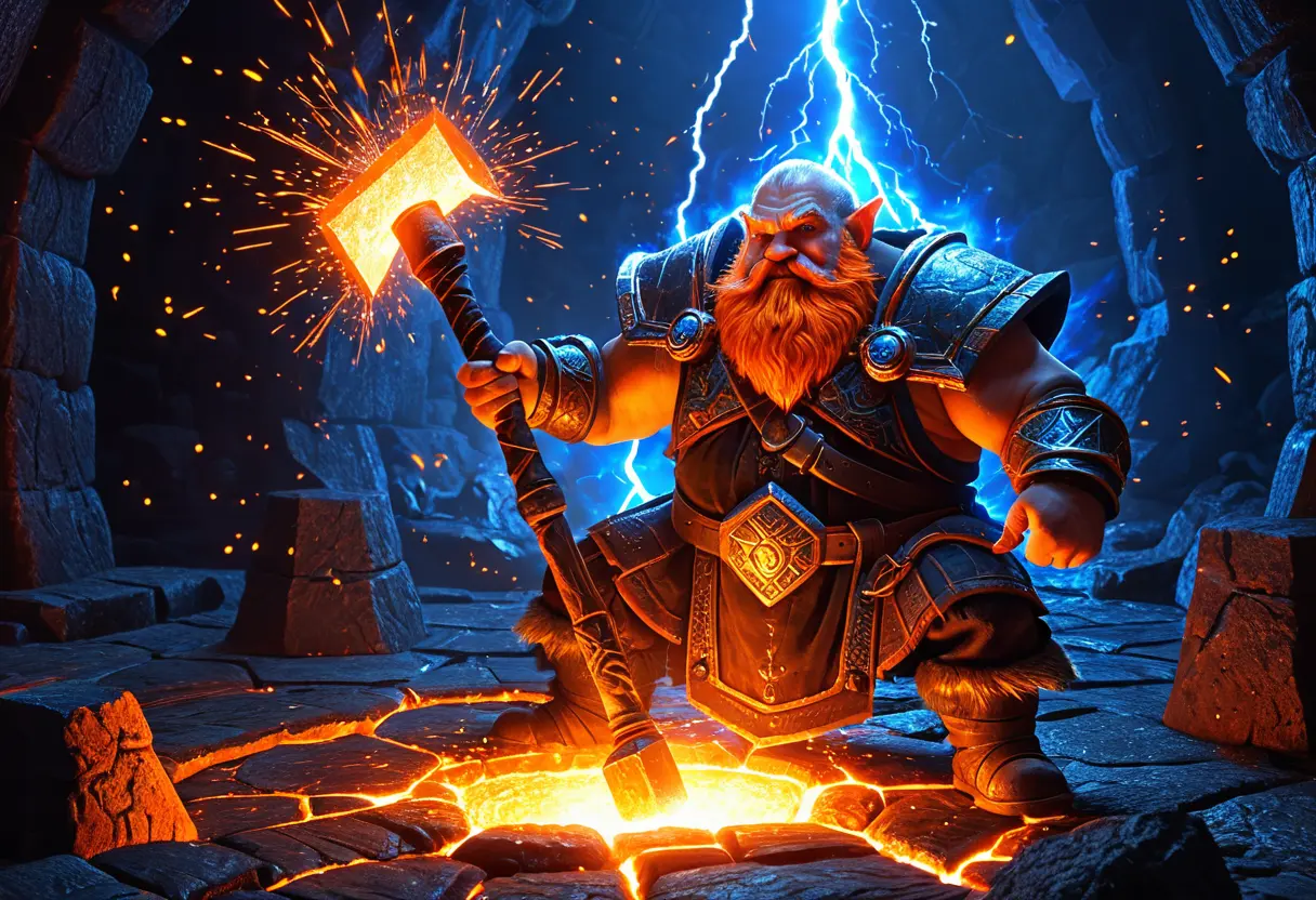 A master dwarf forging a hammer in a volcanic forge.