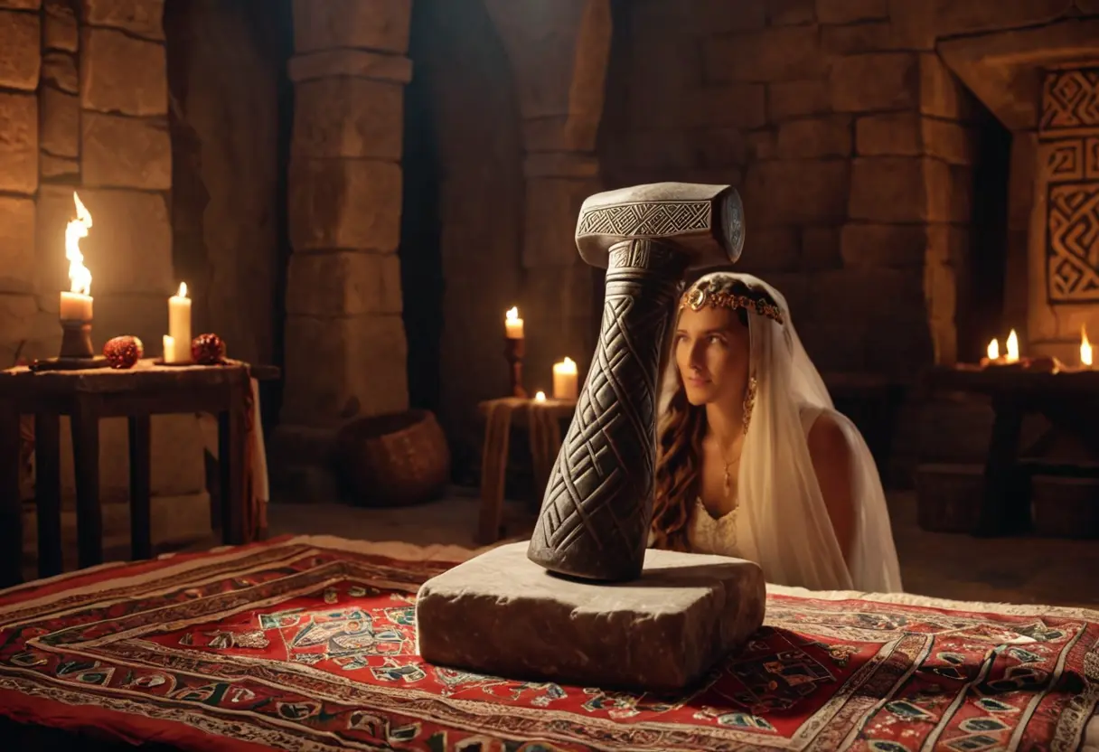A hammer lying on a bride&rsquo;s lap in an ancient hall.