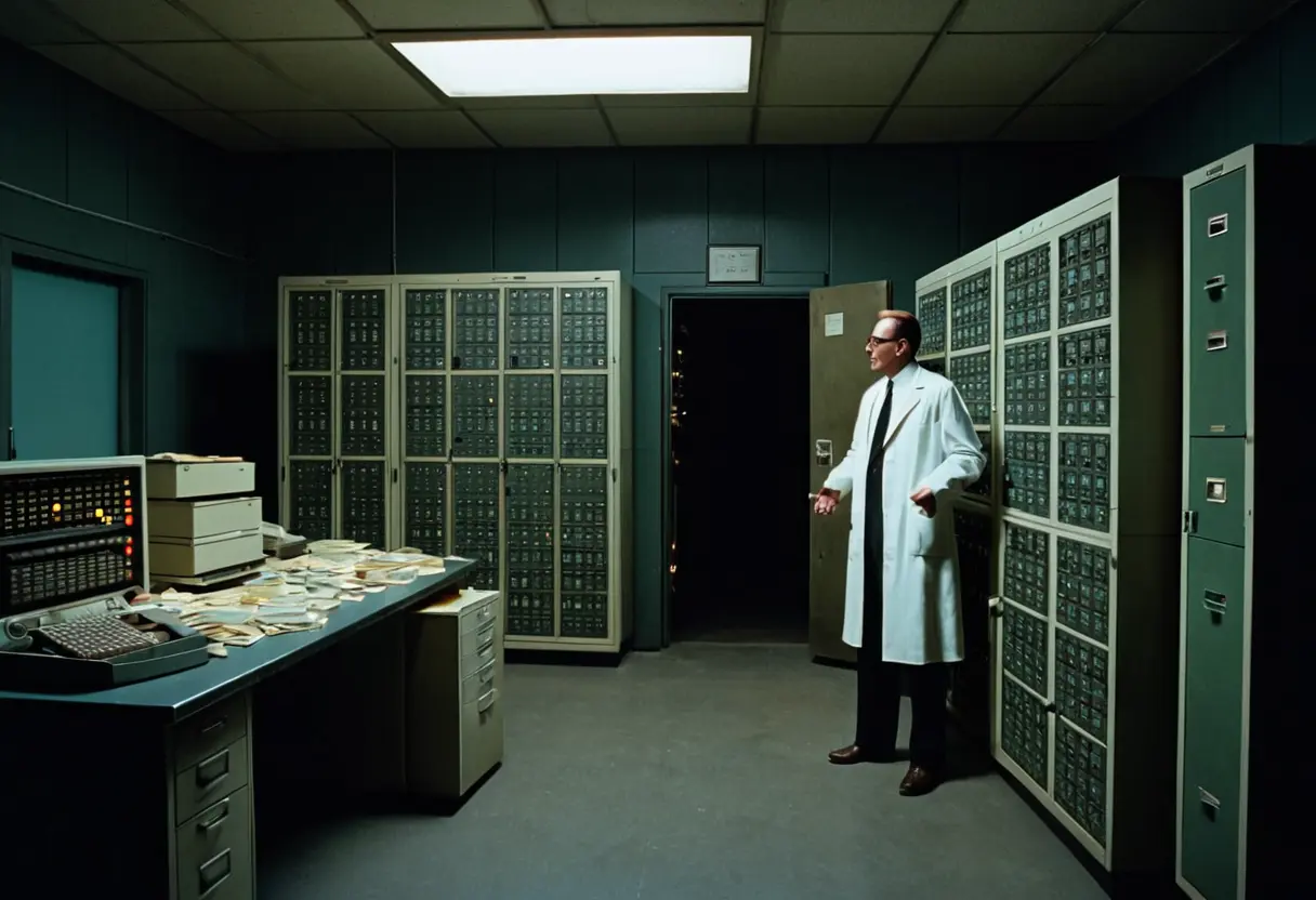 A dark clinical room with monitors.