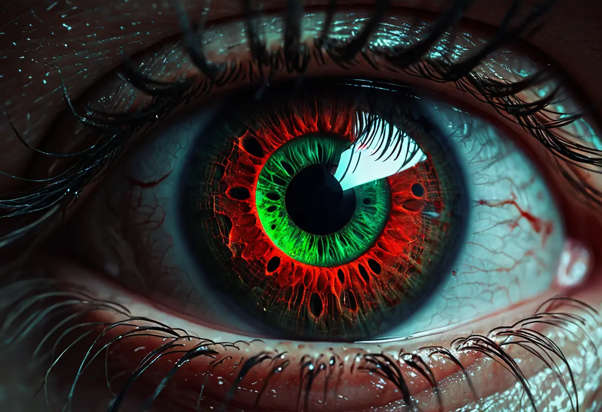 A close-up of a human eye with digital data.