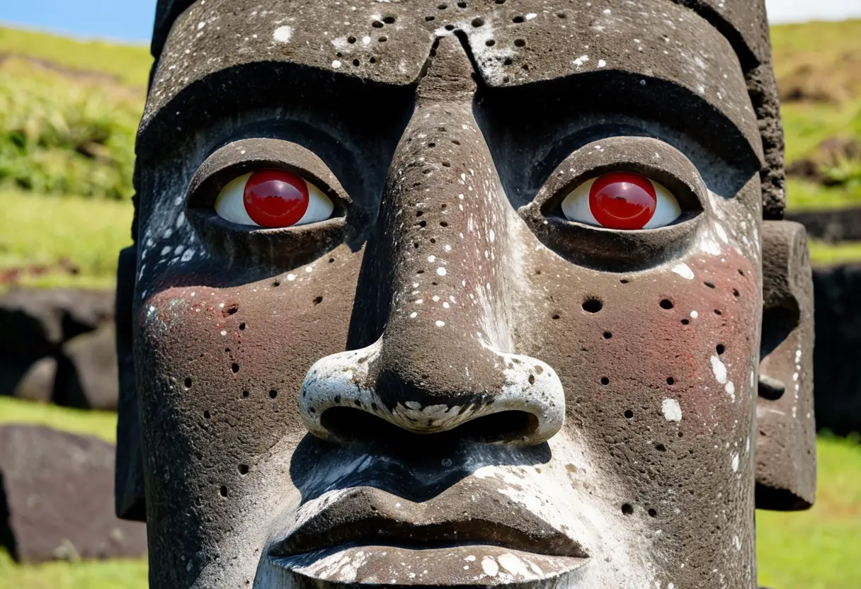 A Moai statue with restored coral eyes.