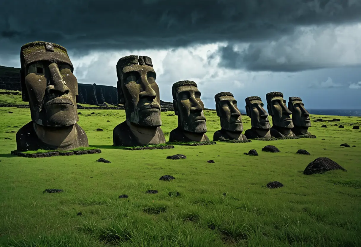 Toppled Moai statues in the tall grass.