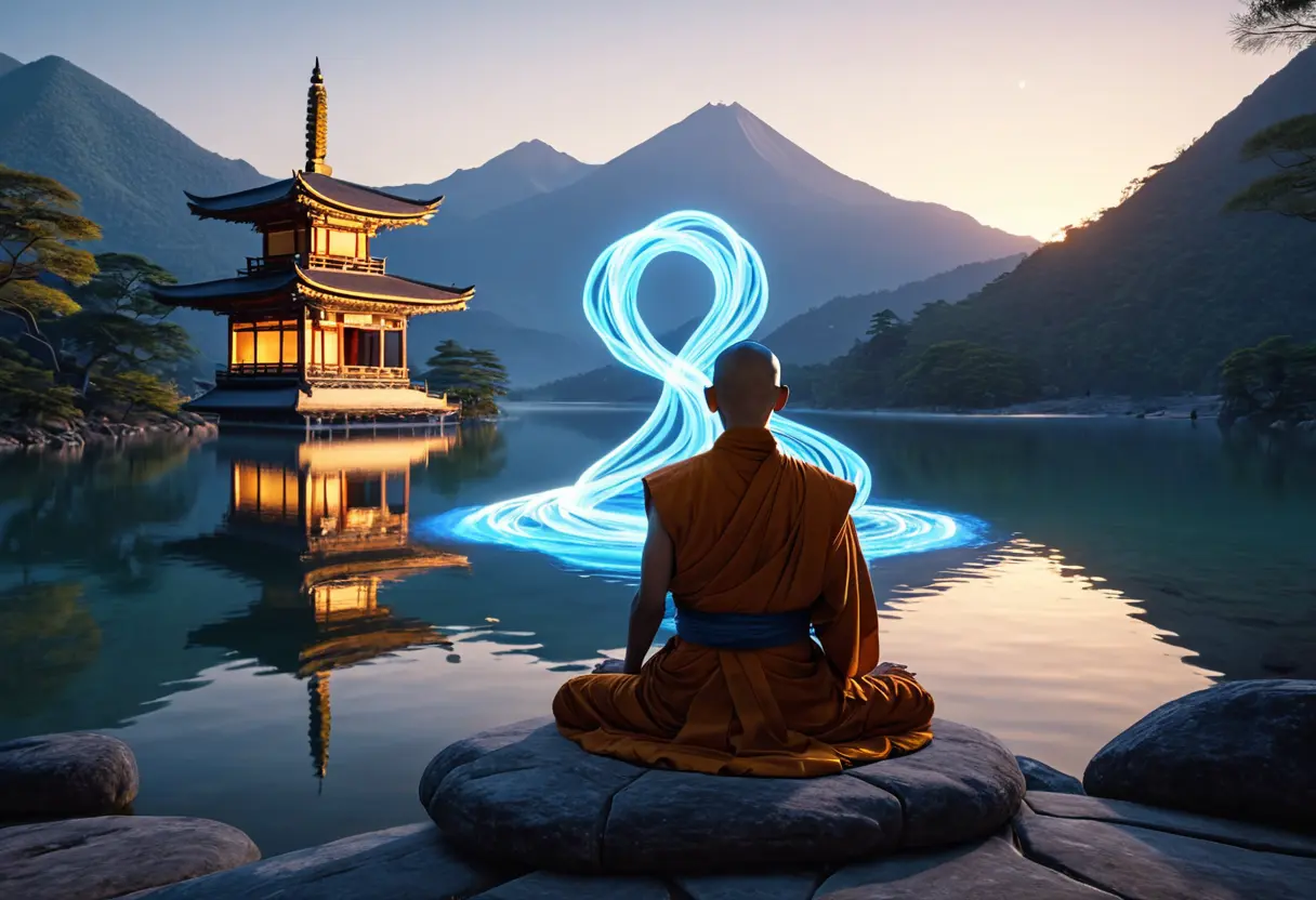 A monk meditating in mid-air above a mountain lake with blue energy.