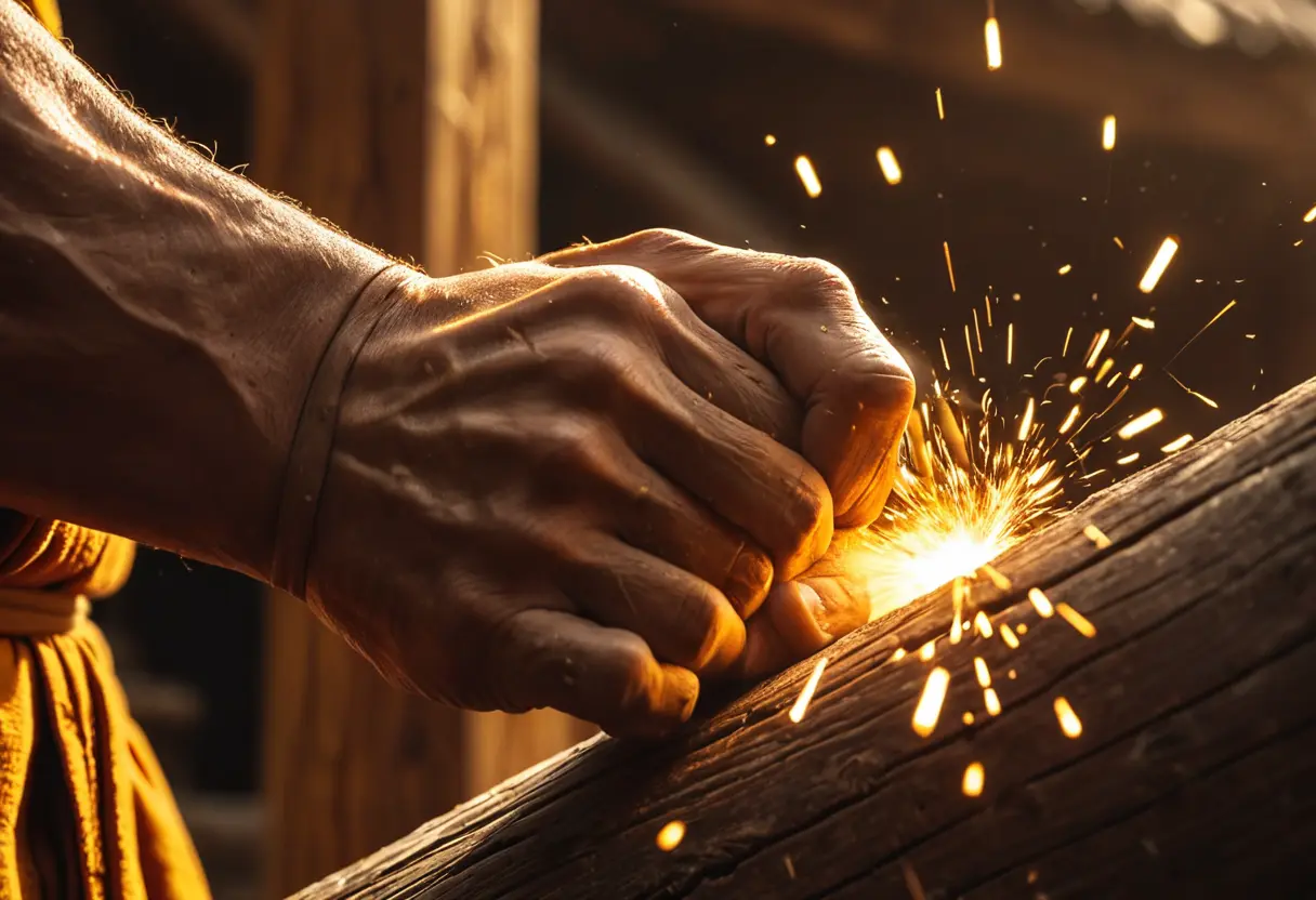 A close-up of a monk&rsquo;s hand striking a piece of wood, which is splintering.