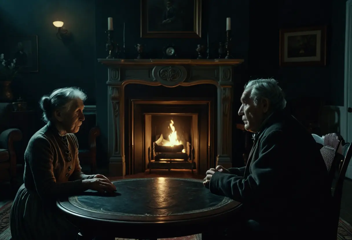 A dark, Victorian parlor with a fireplace.