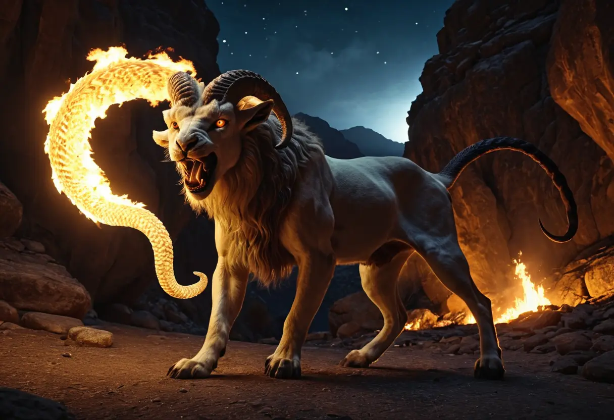 A terrifying chimera breathing fire.