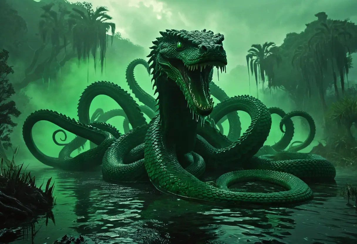 A hydra rising from a swamp.