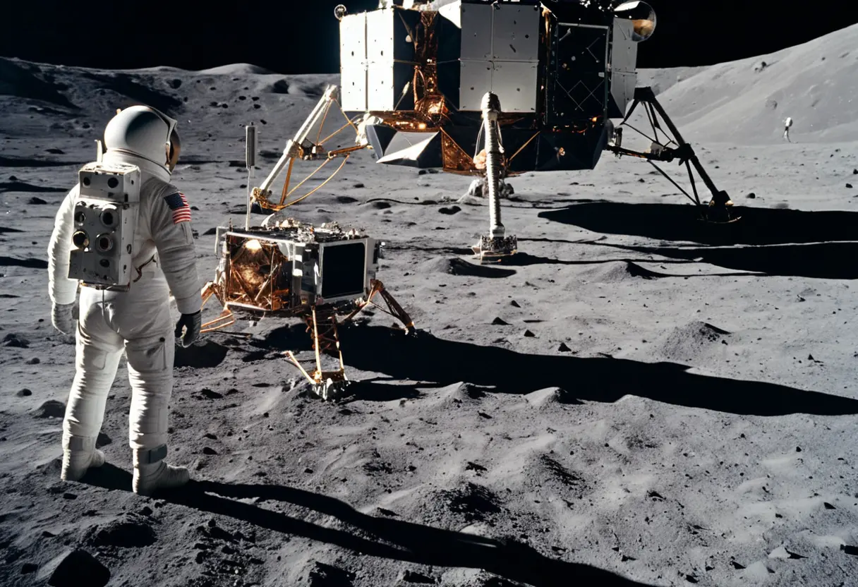An astronaut on the moon with a camera nearby.