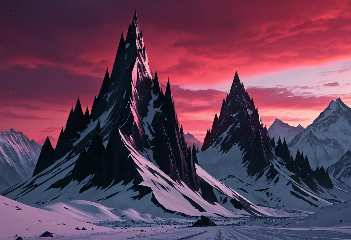 Towering black peaks of the Mountains of Madness under a red Antarctic sky.