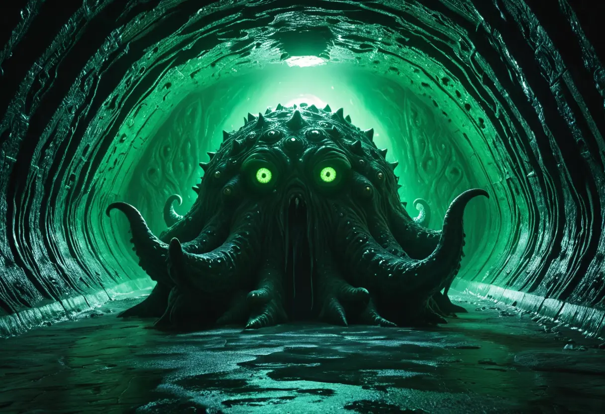 A massive, dark, amorphous entity with many eyes in a cave.