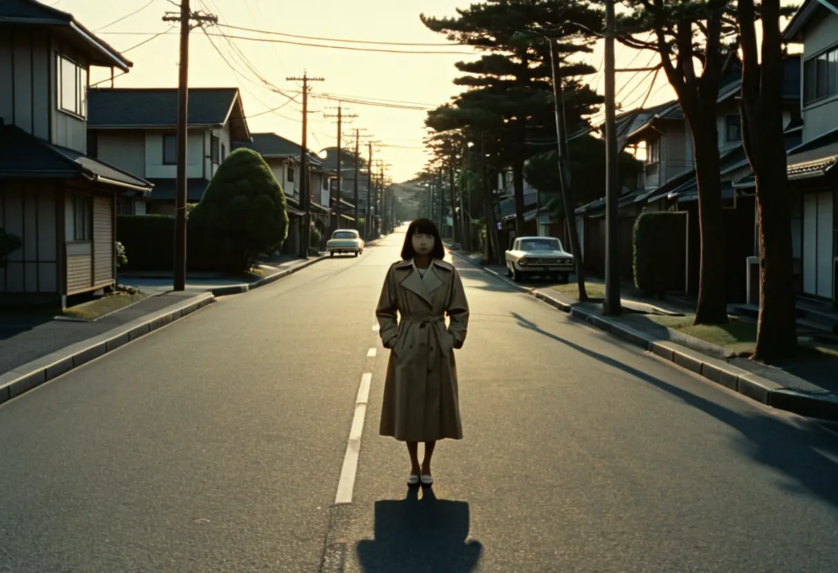 A dark residential street in Japan with a mysterious figure in a trench coat.