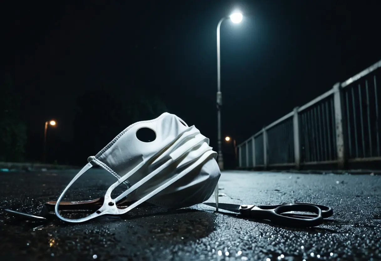 A white surgical mask lying on the pavement with a glint of scissors.