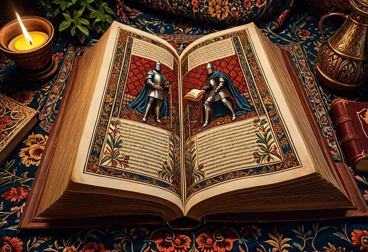 A lush tapestry background with a medieval knight.