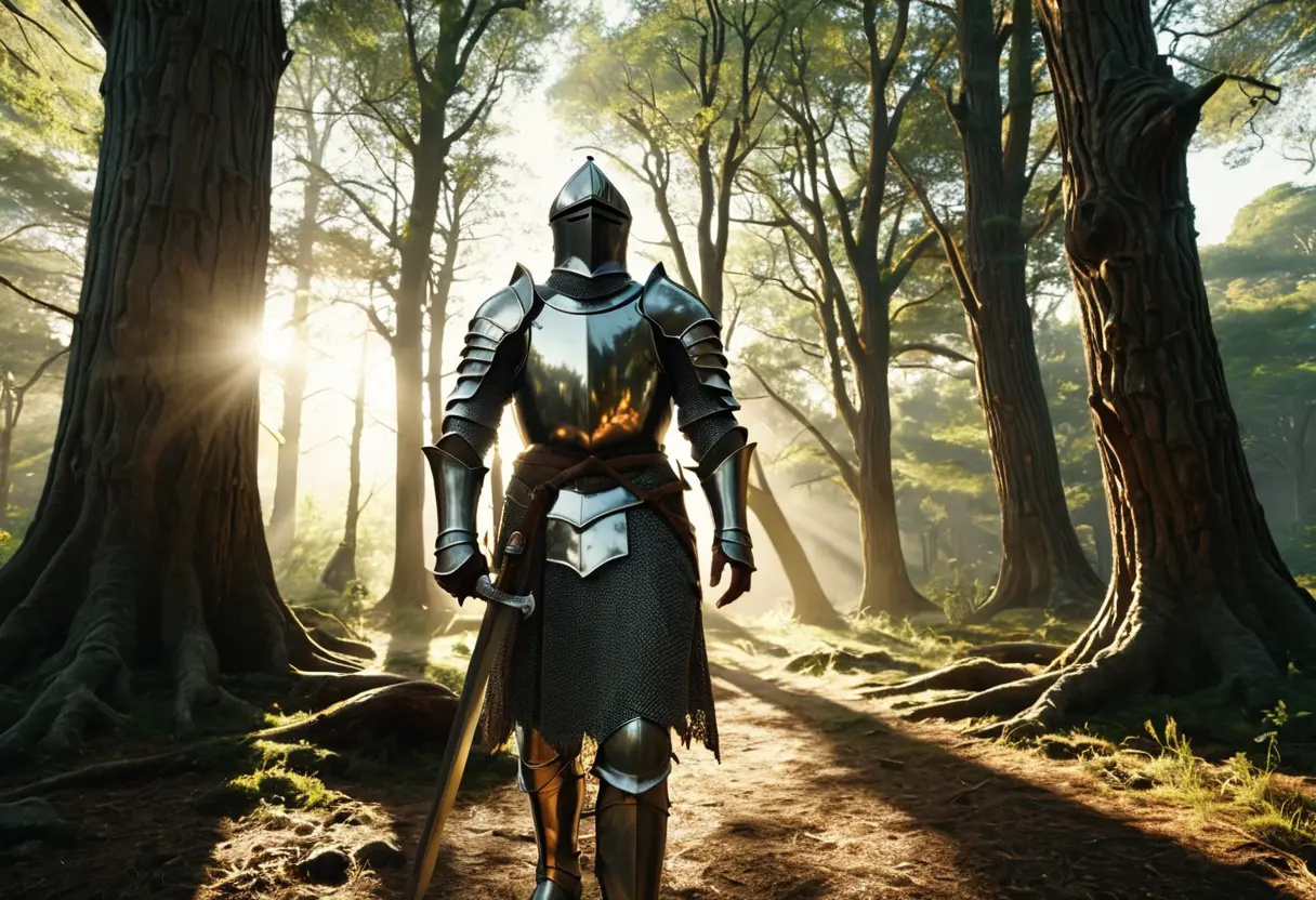 A knight entering a mystical forest.