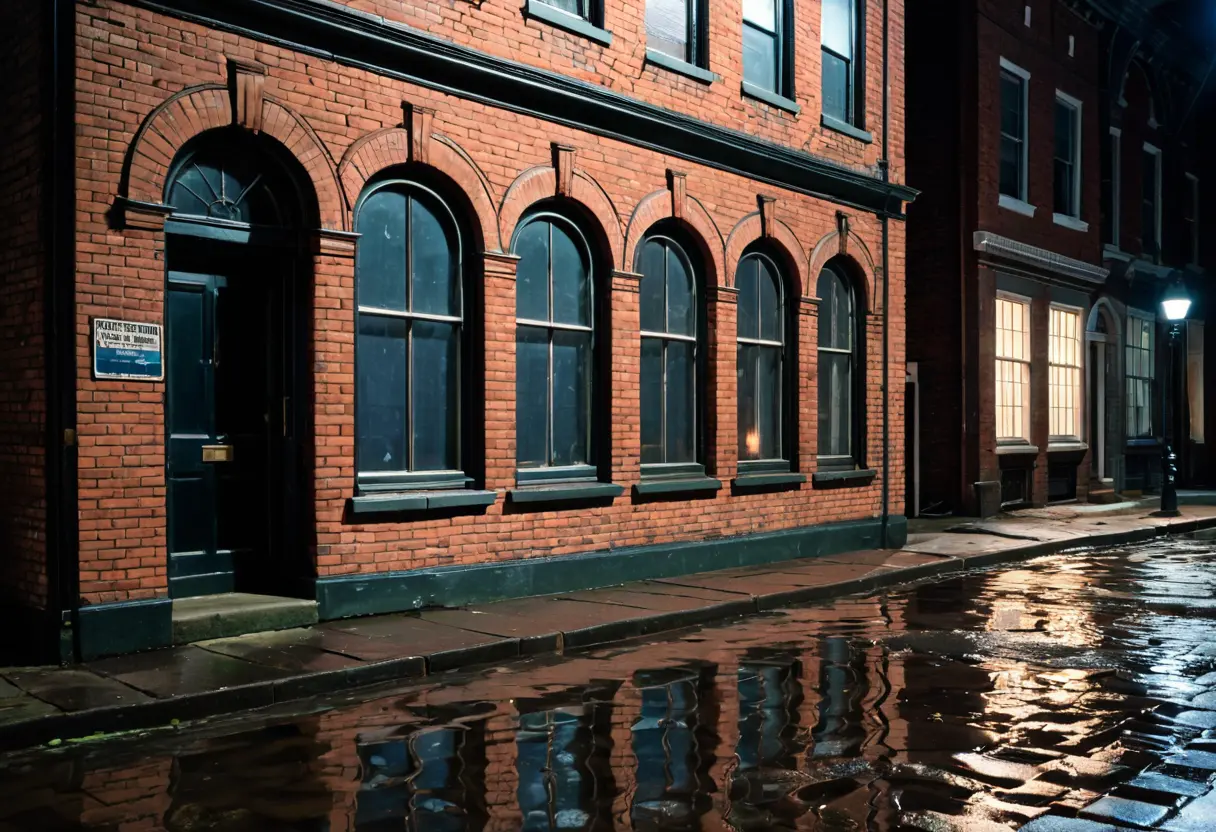 A brick building with windows partially below the sidewalk.