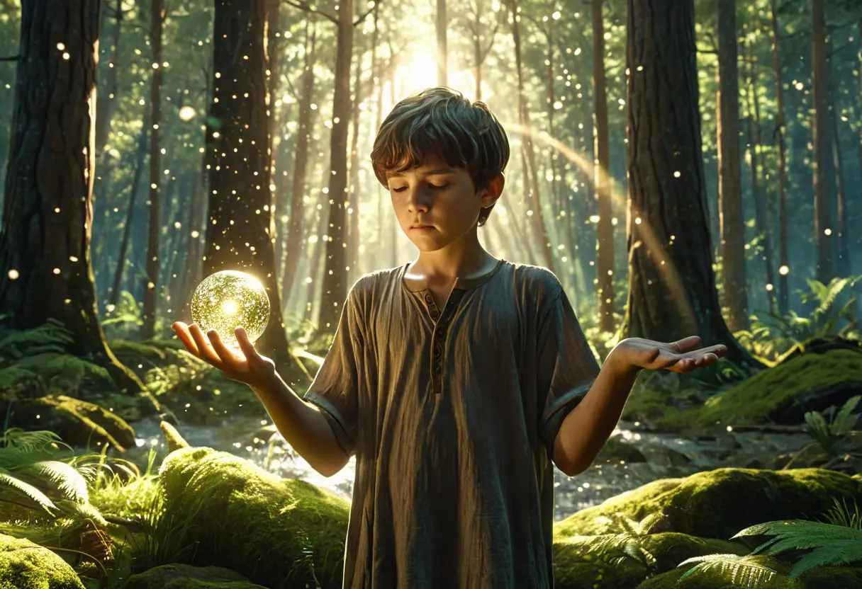 A young boy practicing magic in a forest.