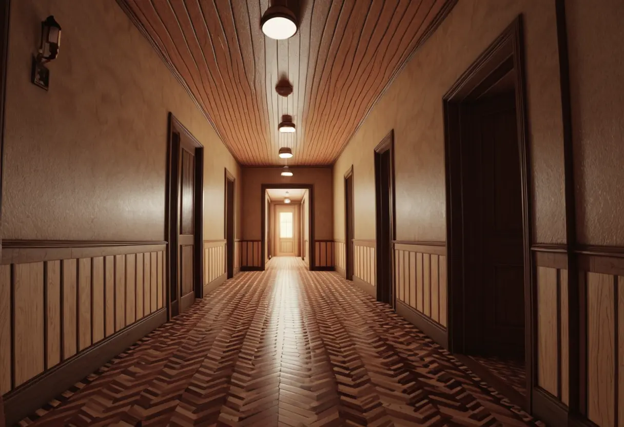 A hallway curving into itself.