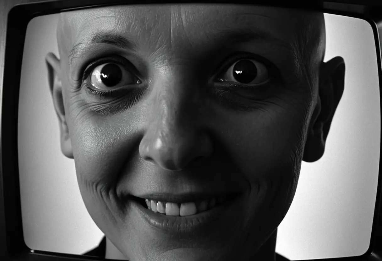 A distorted face on a TV screen.