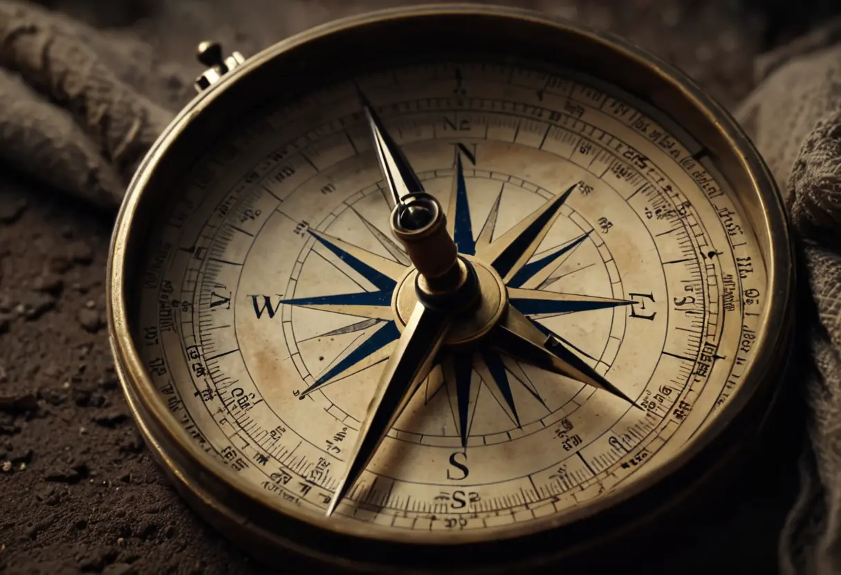 A vintage compass spinning erratically in a dark room.