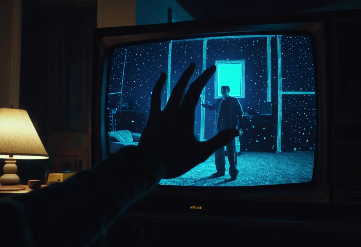 A shadowy hand reaching out from a glitching television screen.