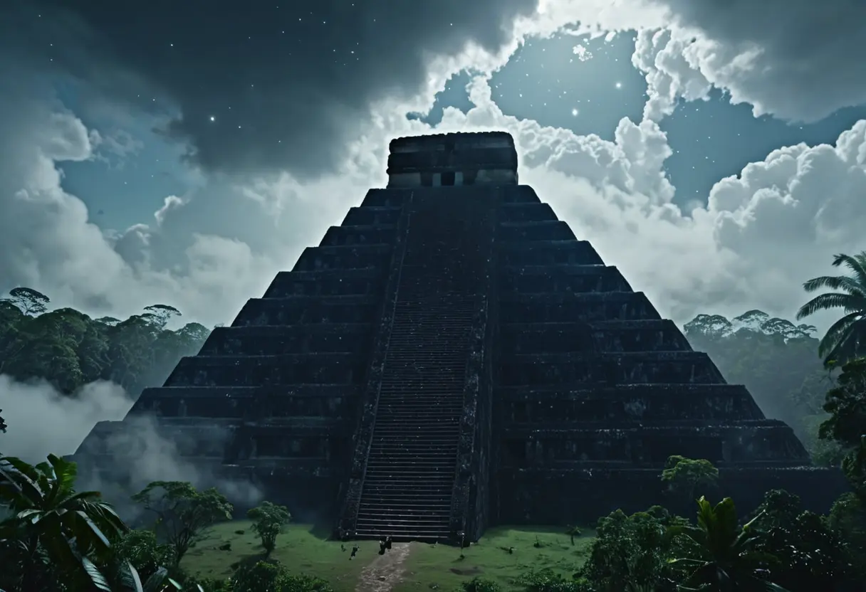 A misty Mayan temple in the jungle under a starry sky.