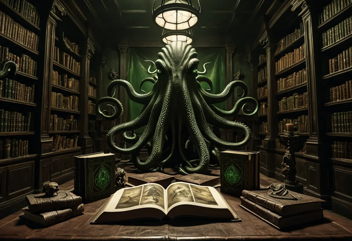 A dark, ancient library with shadows of eldritch gods on the walls.